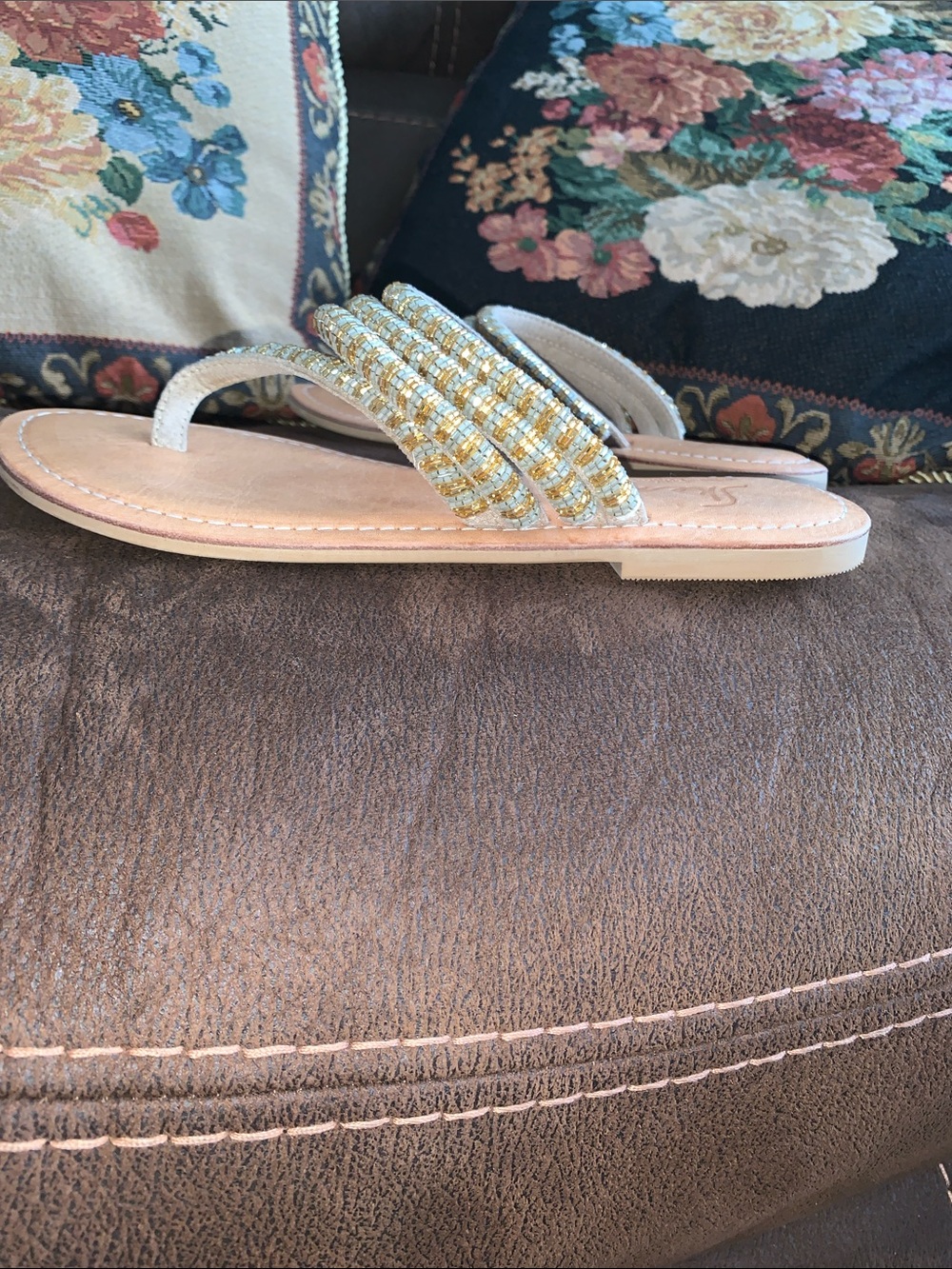 Skemo Tan Leather Thong Sandals with Gold & Silver Beaded Straps - Picture 6 of 8